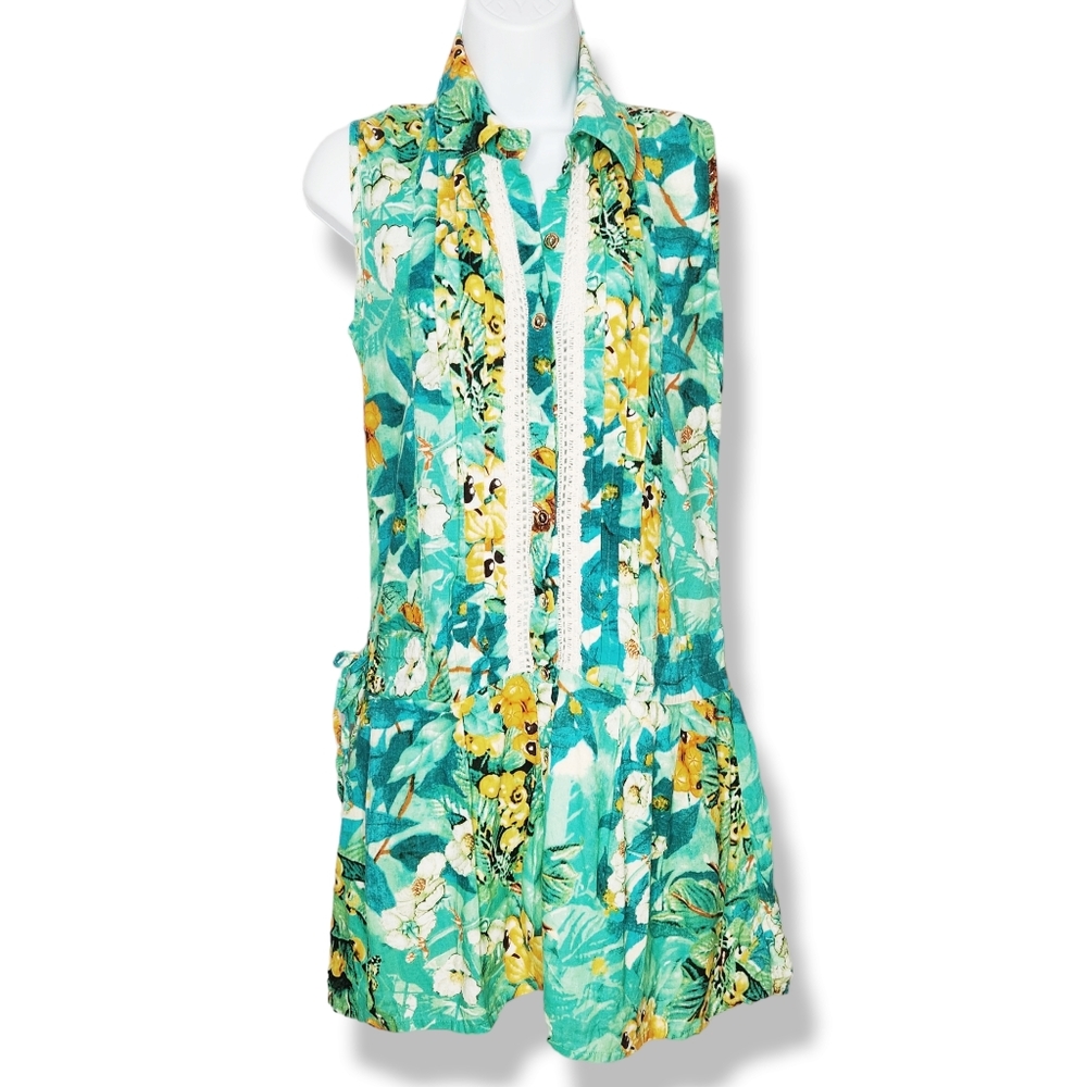 Sol & Energia Blue Green Yellow Floral Button Front Sleeveless Dress Size Medium